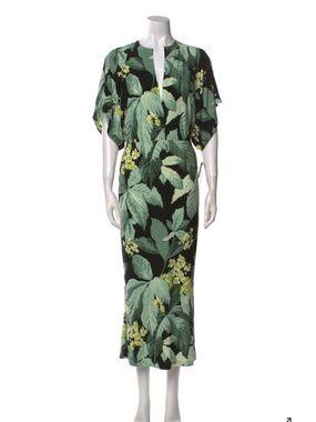 Norma Kamali Black Maxi Dress with Green Leaf & Yellow Floral Print